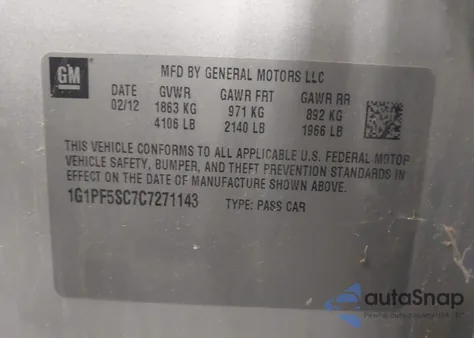 2012 Chevrolet Cruze 1Lt из США, поврежденный, VIN 1G1PF5SC7C7271143